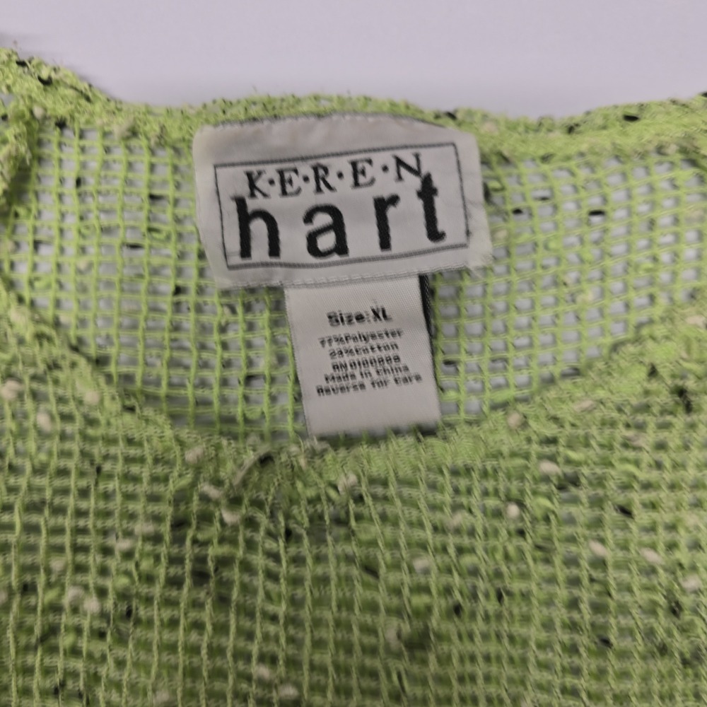 Vintage Keren Hart Lime Green Speckled Mesh‎ Knit Top Roll Tab Sleeves Women XL - Picture 2 of 5